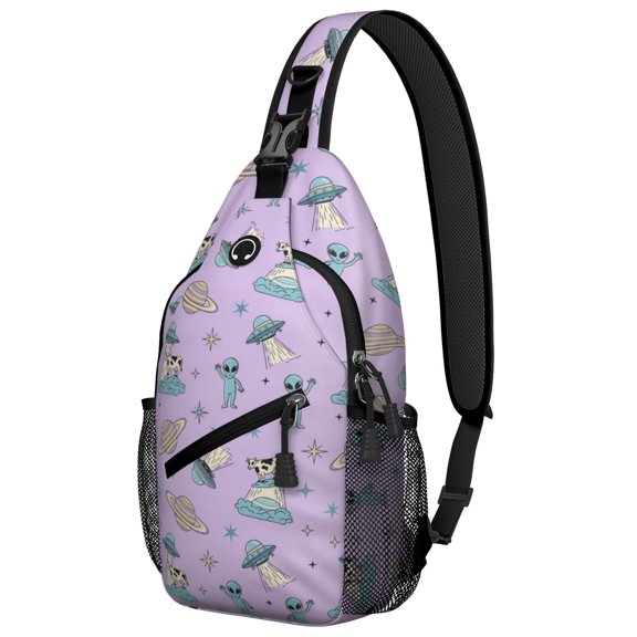 Alien Cow Pale Purple Pattern Sling Backpack, Unisex Daily Travel Sling Pack with Side Mesh Pockets, Breathable Padded Back Gift Ideas for Travel Shopping Commuting