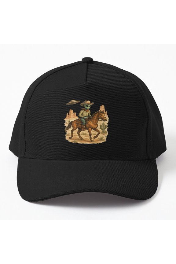 Alien Cowboy Riding Horse Baseball Cap, Sci-Fi Western Character Graphic Design, Classic Hat