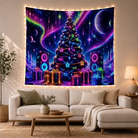 Alien DJ with Vinyl Record Christmas Tree in Cosmic Nebula, Energetic Psychedelic for Space Lovers, Neon Planet Wall Art, Holiday Gift Tapestry Wall Hanging for Game Room and Dorm