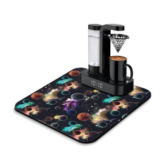 Alien Dish Drying Mat, Spacecraft Rocket Galaxy Absorbent Kitchen Mat, Starry Night Sky Theme