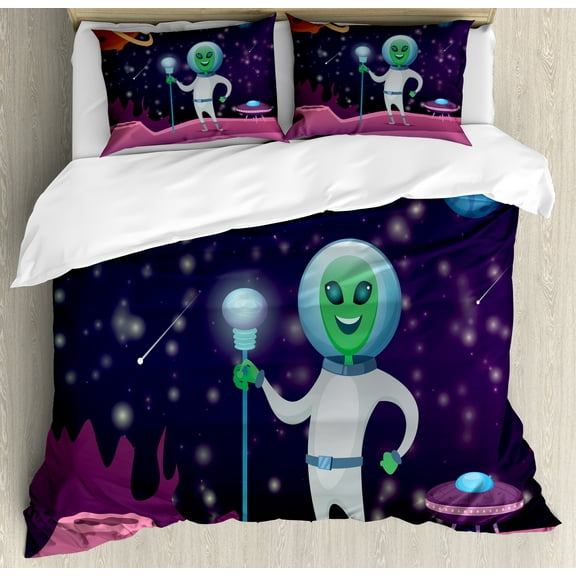 Alien Duvet Cover Set, Cosmic Space Background with Funny Character Outer World Elements, Decorative 3 Piece Bedding Set with 2 Pillow Shams, Calking Size, Dark Purple Multicolor, by Ambesonne