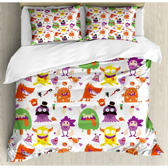 Alien Duvet Cover Set, Monsters Humorous Creatures Beings Colorful Cartoon Repetitive Pattern, Decorative 3 Piece Bedding Set with 2 Pillow Shams, King Size, Burnt Orange Multicolor, by Ambesonne
