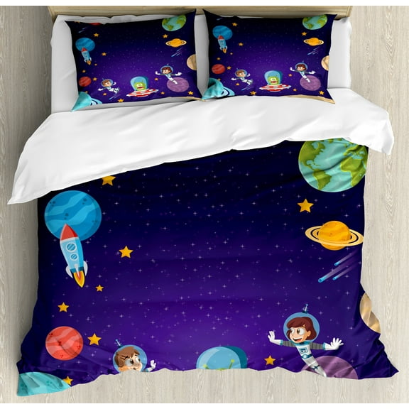 Alien Duvet Cover Set, Outer Space Themed Cartoon Astronaut Traveling Galaxies Stars Rocket Spaceship, Decorative 3 Piece Bedding Set with 2 Pillow Shams, King Size, Indigo Multicolor, by Ambesonne