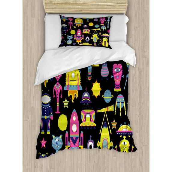 Alien Duvet Cover Set Twin Size, Funny Characters Space Rockets Funny Eyed Creatures Illustration, Decorative 2 Piece Bedding Set with 1 Pillow Sham, Charcoal Grey and Multicolor, by Ambesonne