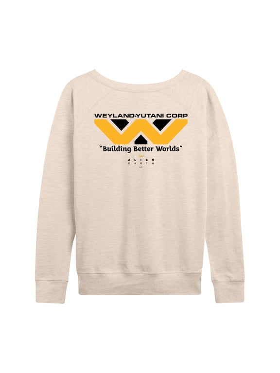 - Weyland Yutani Corp Logo -Women's French Terry Long Sleeve Pullover Women's Lightweight French Terry Wide Neck Long Sleeve Graphic Shirt