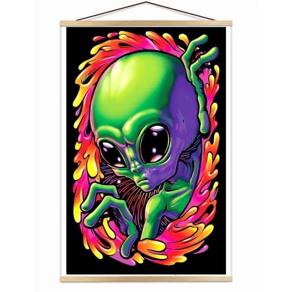 Alien Encounter Flocked Blacklight Poster - 23" x 35" w/ Natural Wood Poster Holder