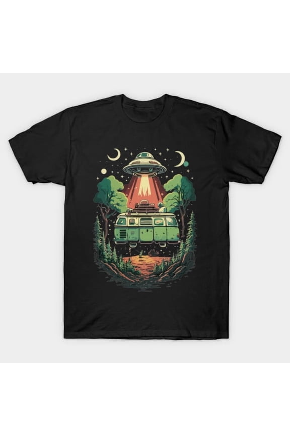 Alien Encounter Vintage Van Under Cosmic Lights Funny Sci-Fi Abduction T-Shirt