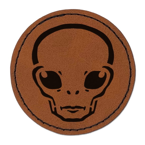 Alien Extraterrestrial UFO Head 2.5" Faux Leather Round Engraved Iron-On Patch - Brown