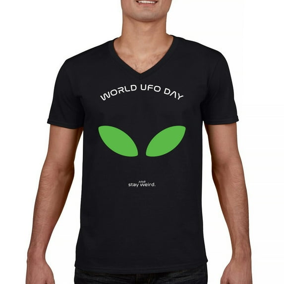 Alien Eyes V-Neck T-shirt Funny Space UFO Hunter Believe Flying Saucer Universe July 2 World UFO Day Stay Weird Tee