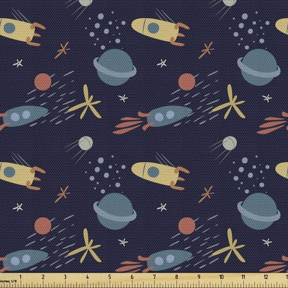 Alien Fabric by the Yard, Composition of Stars Rockets Planets in Soft Tones, Upholstery Fabric for Dining Chairs Home Decor Accents, 10 Yards, Multicolor by Ambesonne