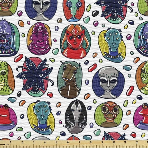 Alien Fabric by the Yard, Fictitious Futuristic Extraterrestrial Character Portraits in Abstract Style Setting, Decorative Upholstery Fabric for Sofas Home Accents, 5 Yards, Multicolor by Ambesonne