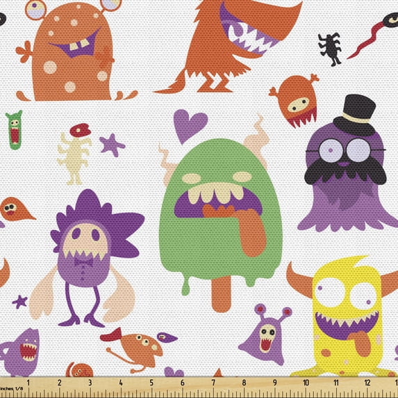 Alien Fabric by the Yard, Monsters Humorous Creatures Beings Colorful Cartoon Repetitive Pattern, Decorative Upholstery Fabric for Chairs & Home Accents, 5 Yards, Burnt Orange Multicolor by Ambesonne