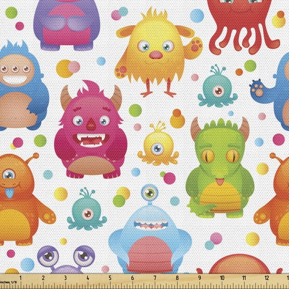 Alien Fabric by the Yard, Mutant Monsters on Colorful Dotted Background Alien Beings Design Lizard Squid, Decorative Upholstery Fabric for Sofas and Home Accents, 5 Yards, Multicolor by Ambesonne