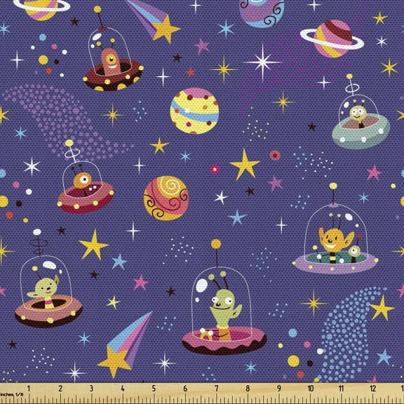 Ambesonne Alien Fabric by the Yard Upholstery, Space Characters Galaxy, 5 Yards, Multicolor