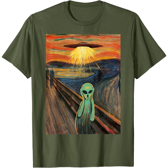 Alien Famous Painting Parody Unisex T-Shirt for Men Women Kids,Military Green Color,Size 5XL