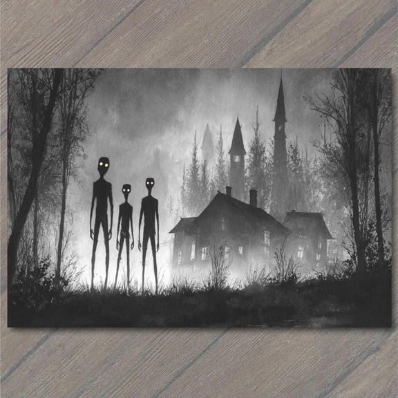 Alien Figures Gothic House Wall Art Print, Horror Decor