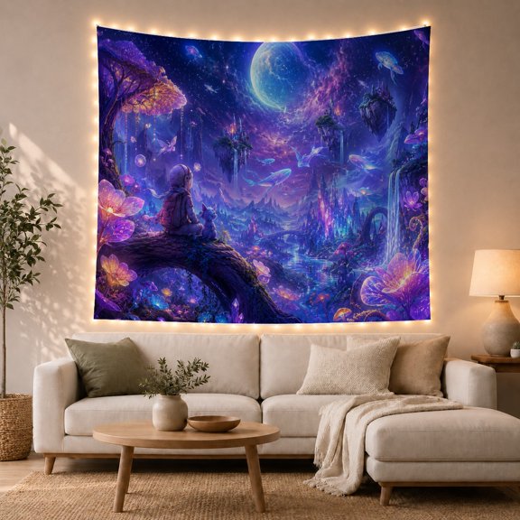 Alien Forest With Crescent Moon and Mushrooms, Mystical Fantasy Style for Space Lovers, Galaxy Wall Art, Housewarming Gift, Tapestry Wall Hanging for Bedroom and Dorm