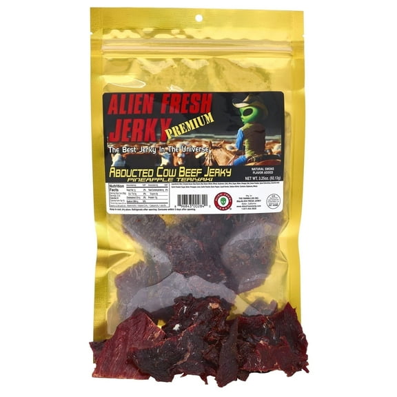 Alien Fresh Jerky - Classic - Abducted Cow Beef Jerky - Pineapple Teriyaki - Premium Beef - Low Calorie Snack - The Best Jerky In The Universe - 3.25 OZ - Made In USA