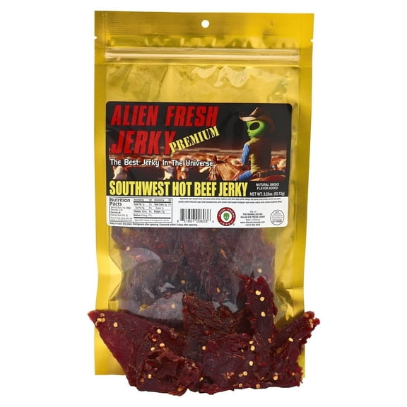 Alien Fresh Jerky - Classic - Southwest Hot - Premium Beef - Low Calorie Snack - The Best Jerky In The Universe - 3.25 OZ - Made In USA