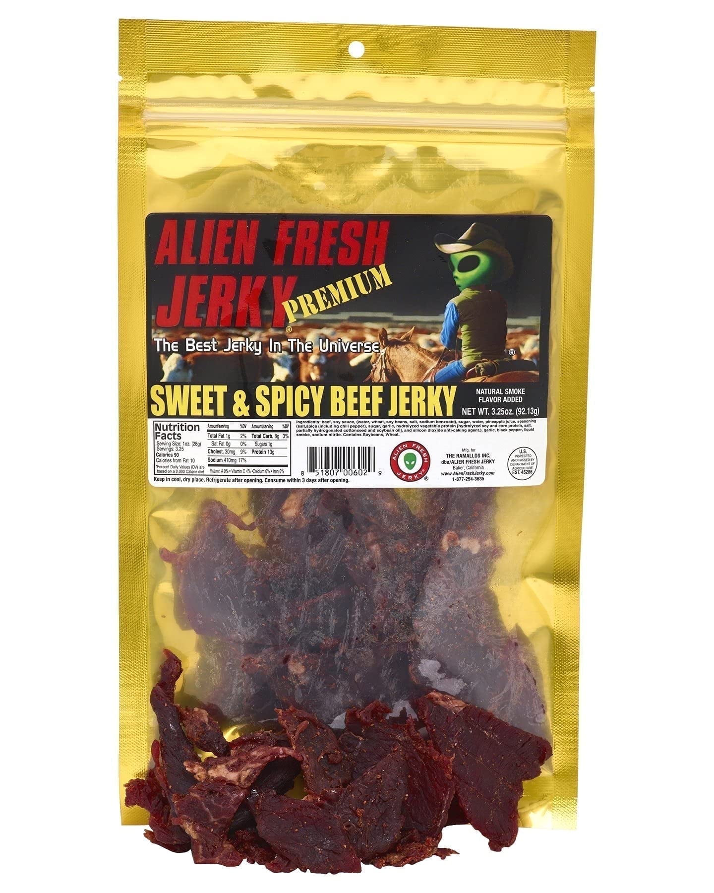 Alien Fresh Jerky - Classic - Sweet and Spicy Beef Jerky - Premium Beef - Low Calorie Snack - The Best Jerky In The Universe - 3.25 OZ - Made In USA