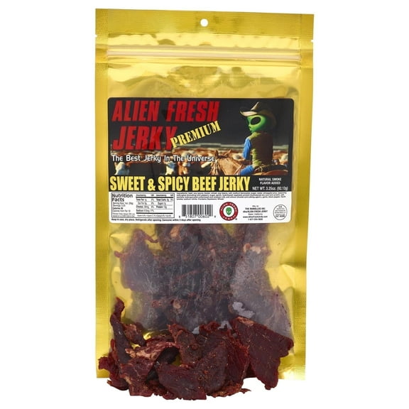Alien Fresh Jerky - Classic - Sweet and Spicy Beef Jerky - Premium Beef - Low Calorie Snack - The Best Jerky In The Universe - 3.25 OZ - Made In USA