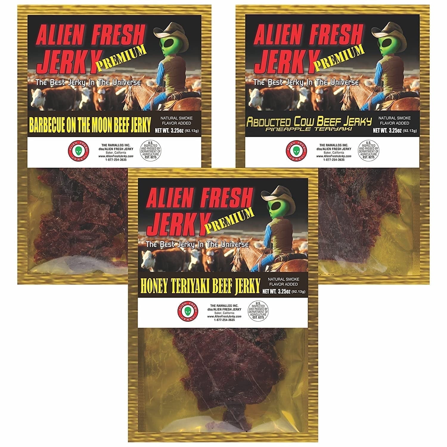 Alien Fresh Jerky - Sweetest Bundle of the Universe - Honey Teriyaki | BBQ on the Moon | Abducted Cow - Premium Beef - Low Calorie Snack - The Best Jerky In The Universe - Made In USA 3 Pack
