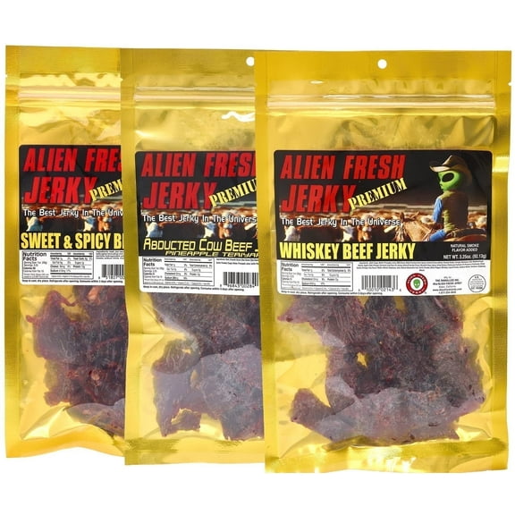 Alien Fresh Jerky - Top Trio | Sweet & Spicy - Abducted Cow Pineapple Teriyaki - Whiskey | - Variety Pack - Premium Beef - Low Calorie Snack - The Best Jerky In The Universe - Made In USA 3 Pack