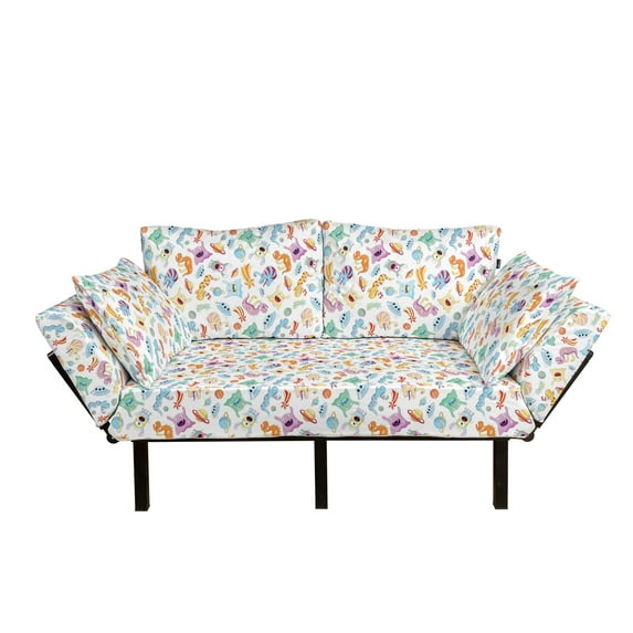 Alien Futon Couch, Monsters and Aliens with Planets UFOs and Shooting Stars Astronomy Theme Illustration, Daybed with Metal Frame Upholstered Sofa for Living Dorm, Loveseat, Multicolor, by Ambesonne