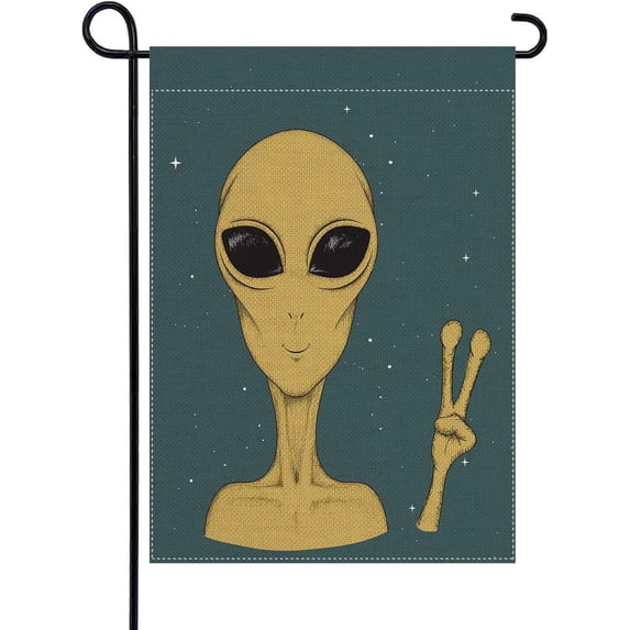 Alien Garden Flags 30x45 cm Double Sided Martian Showing Peace Sign Retro Cosmos Star Monster Mini Banner Flags for Yard Decor Lawn Outdoor House