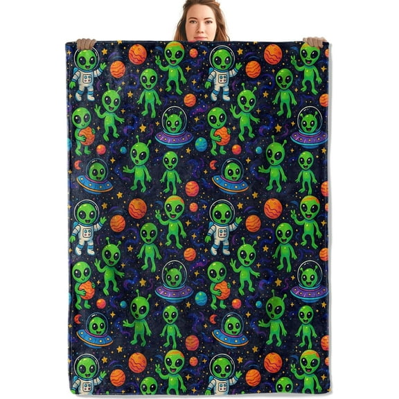 Alien Gifts, Green Aliens Blanket for Girls Kids Women, Cozy Warm Flannel Throw Blankets for Bedroom, Travel, Couch, Home Decor, 50×60 in