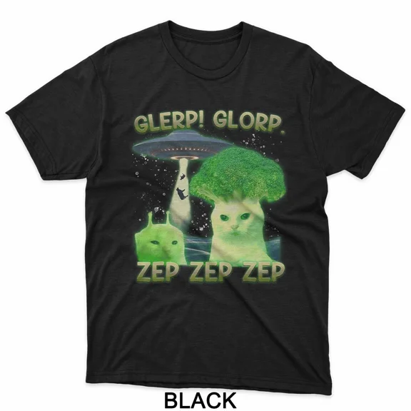 Alien Glerp Glorp Cat Meme Graphic with Broccoli Brainrot Humor Unisex T-Shirt up to size 5XL
