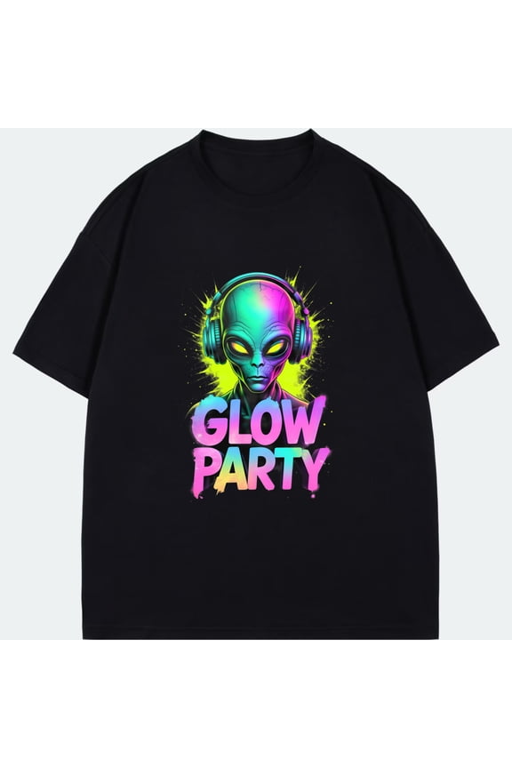 Alien Glow Party T Shirt Black Neon Alien With Headphones And Glow Party Text For Festival And Party Wear