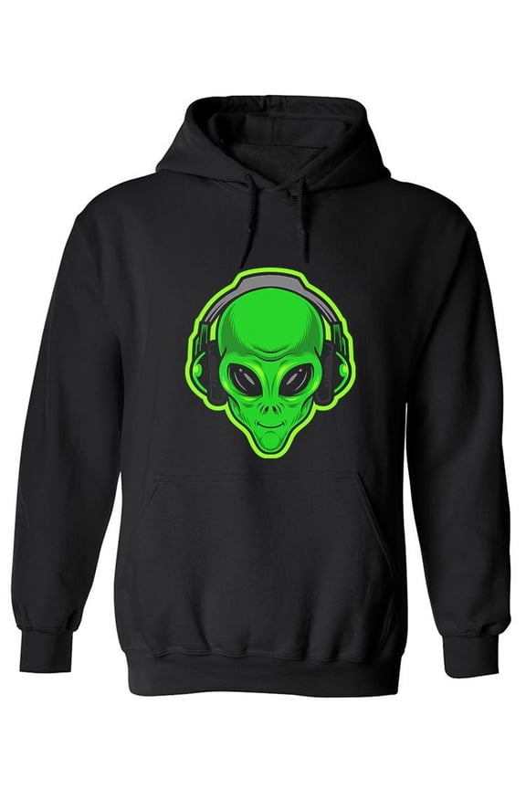 Alien Green Head With Headphones Hoodie Men -Image by Shutterstock, Male Medium