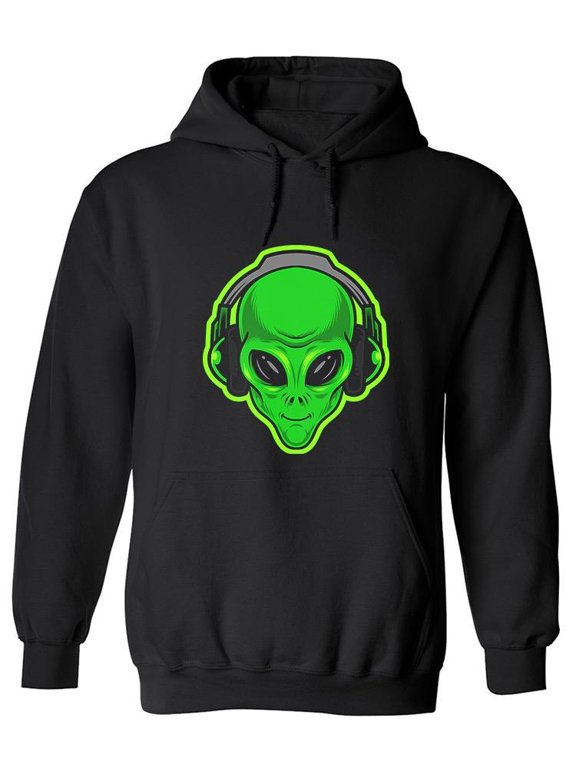 Alien Green Head With Headphones Hoodie Men -Image by Shutterstock, Male Small