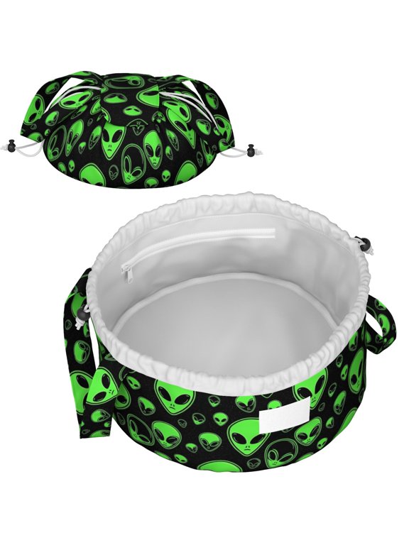Alien Head Black Pattern Drawstring Makeup Bag, Cosmetic Travel Bag with Inner Pockets, Double Drawstring Closure Gift Ideas for Beach Sports
