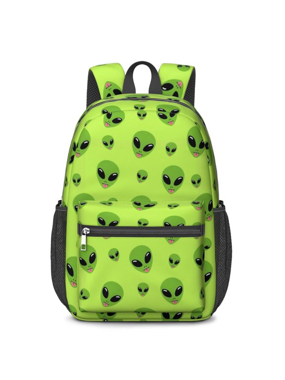 Alien Head Bright Green Pattern 17" School Backpacks for Teens,Waterproof Oxford Fabric,S-Shape Padded Straps for School,Travel,Hiking,Camping