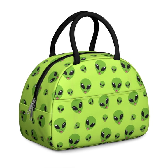 Alien Head Bright Green Pattern Insulated Lunch Bag,Leakproof Large Capacity Lunch Box for Work,Picnic or Travel,11.4 X 6.7 X 8.3 Inches