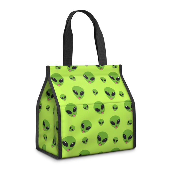 Alien Head Bright Green Pattern Insulated Lunch Bag for Women/Men,Minimalist Lunch Bag,Canvas with Velcro Closure,Built-in Pocket,11x10x6 Inches,8.66L