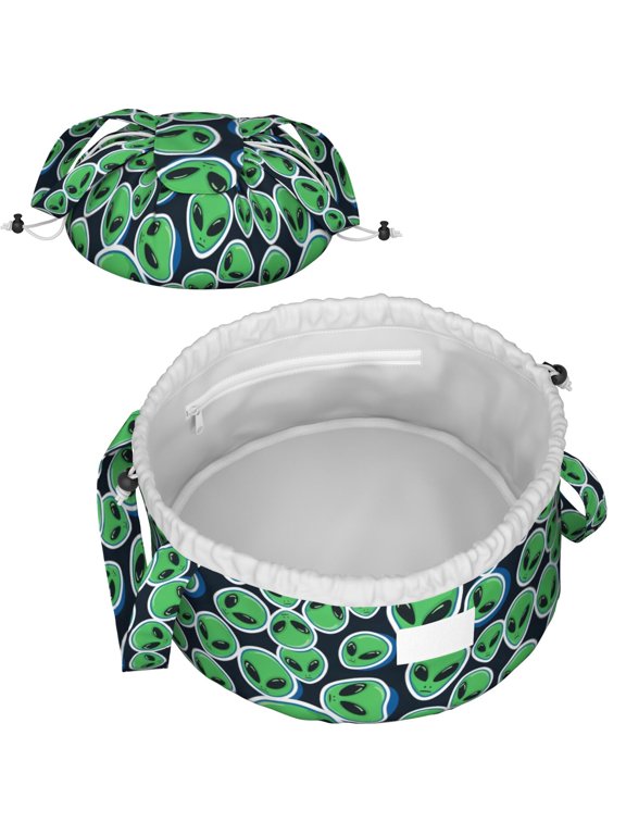 Alien Head Deep Black Pattern Drawstring Makeup Bag, Daily Makeup Tote with Inner Pockets, Double Drawstring Closure Gift Ideas for Beach Sports