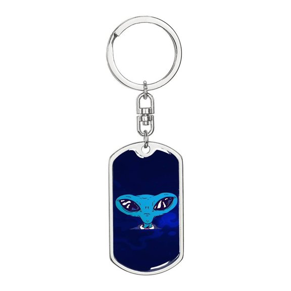 Alien Head Dog Tag Keychain Stainless Steel Silver Tone or Gold Tone