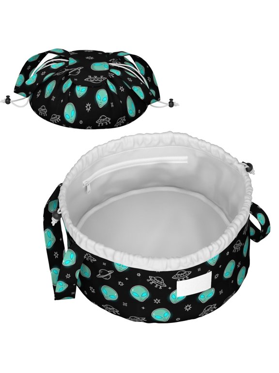 Alien Head and UFO Deep Black Pattern Drawstring Makeup Bag, Cosmetic Travel Bag with Inner Pockets, Soft Smooth Texture Gift Ideas for Holiday Birthday Gifts
