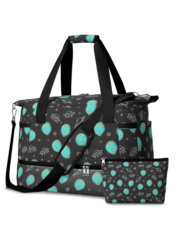 Alien Head and UFO Deep Black Pattern Gym Duffel Bag 2 Piece Set, Carry on Luggage with Shoe Compartment & Toiletry Bag, Waterproof Oxford Gifts for Women Men,18.5 X 8.7 X 14.2 Inches