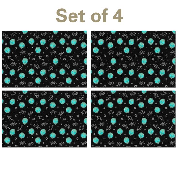 Alien Head and UFO Deep Black Pattern Linen-look Placemats Set Of 4, Farmhouse Table Mats Non-slip Gift Ideas for Restaurant Hotel Party,11.8" X 17.7"