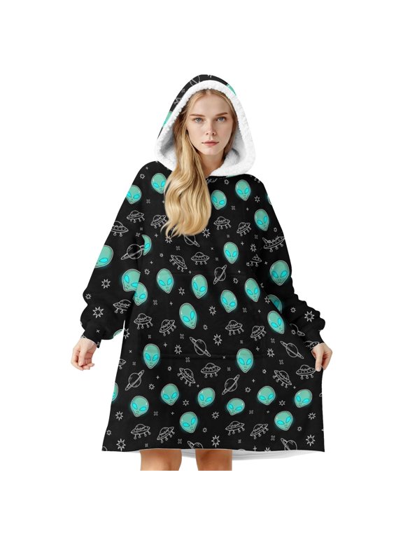 Alien Head and UFO Deep Black Pattern Oversized Sherpa Fleece Wearable Blanket Hoodie, Double-Sided Warm Fuzzy Pullover with Super Pockets for Women & Men