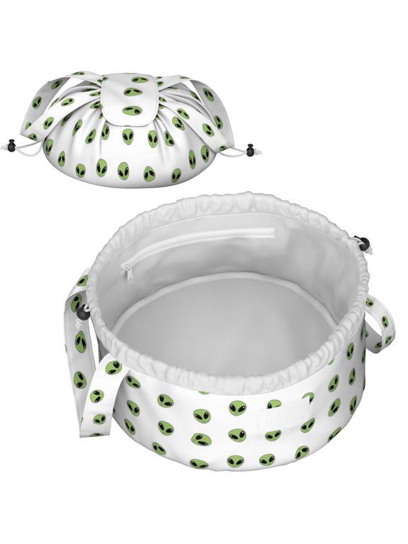 Alien Head White Pattern Drawstring Makeup Bag, Daily Makeup Tote with Inner Pockets, Double Drawstring Closure Gift Ideas for Work School Travel