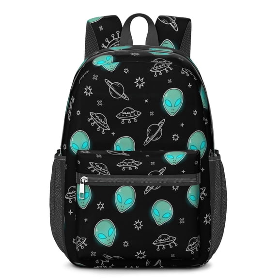 Alien Head and UFO Deep Black Pattern 17" School Backpacks for Teens,Waterproof Oxford Fabric,S-Shape Padded Straps for School,Travel,Hiking,Camping