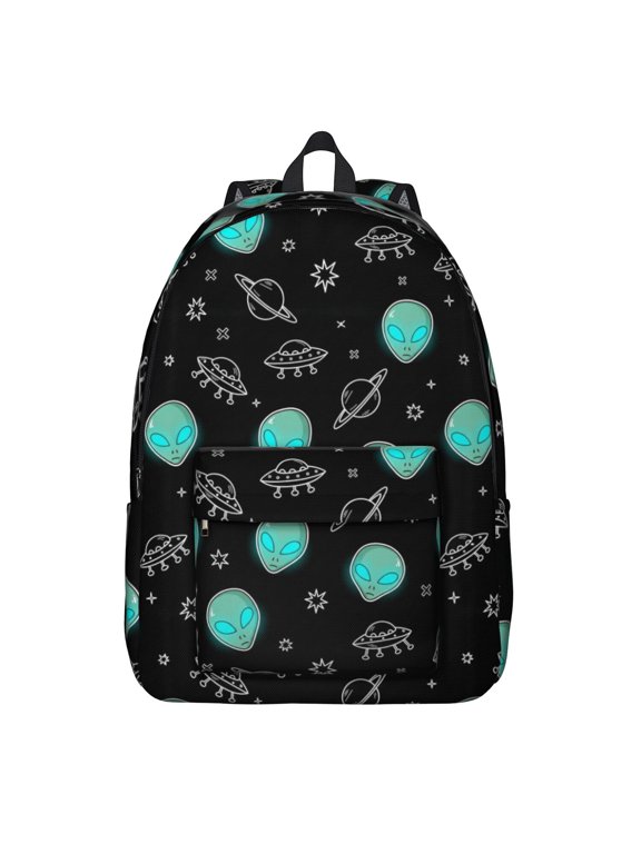 Alien Head and UFO Deep Black Pattern Backpack for School, Cute School Bag with Adjustable Shoulder Straps and Padded Back, 15.7"x11.8"x5.5"