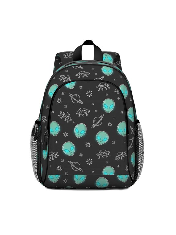 Alien Head and UFO Deep Black Pattern Backpack for School, Cute School Bag with Adjustable Shoulder Straps and Padded Back, 15"x11.42"x5.5"