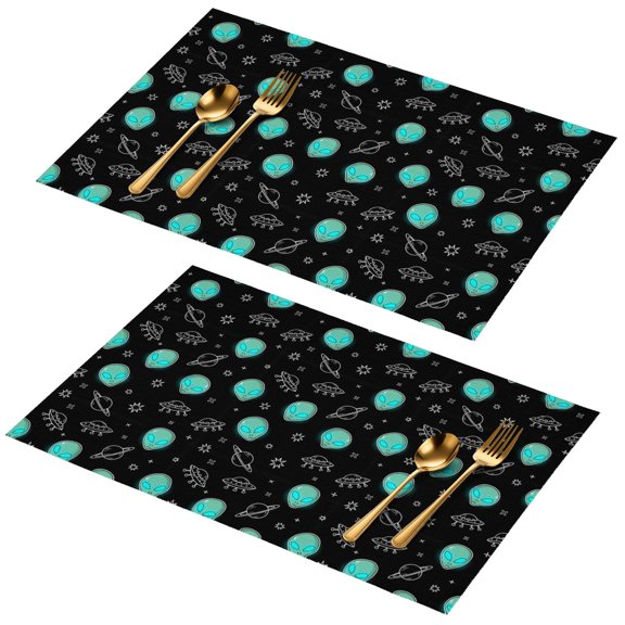 Alien Head and UFO Deep Black Pattern PVC Woven Placemats Set Of 2, Bar Counter Pads Non-slip Gift Ideas for Housewarming Holiday Gifts,12" X 18"