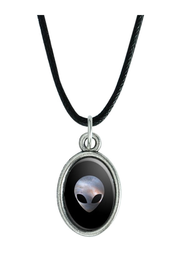 Alien Head in Space Antiqued Oval Charm Pendant with Black Satin Cord